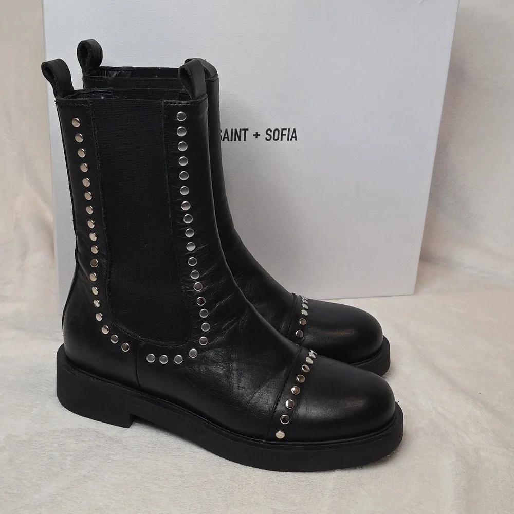 SAINT + SOFIA Black Leather Silver Studded Chelsea Boots Size 38 (US 7) LIKE NEW - Picture 4 of 7
